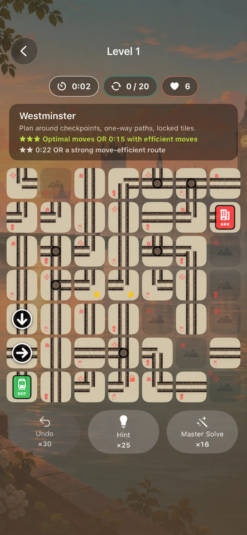 A themed Newton puzzle board with Departure, Arrival, checkpoints, locks and one-way arrows.