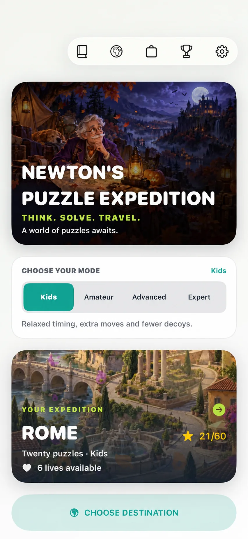 Newton Home showing four difficulty choices and the current expedition.