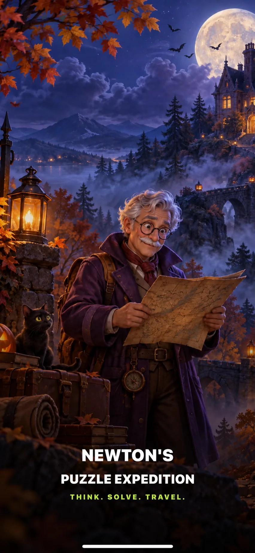 Professor Newton studies his expedition map beside a glowing lantern in a moonlit autumn landscape.